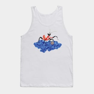 Original Red and Black Ant Praying Mantis on blue-violet rose buds sipping on some Tea. Tank Top